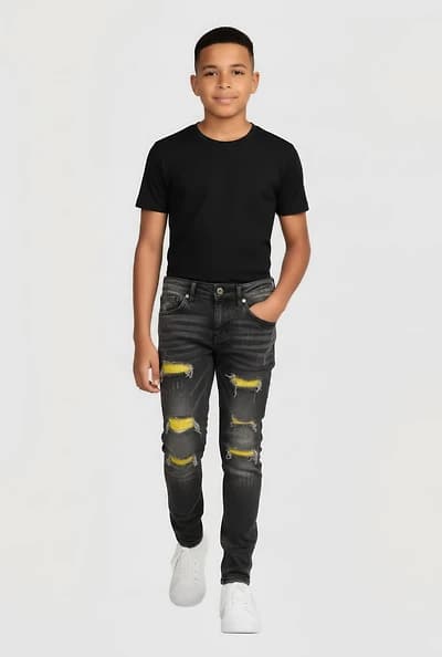 Boys Rhinestone Patch and Repair Whiskered Skinny Jeans